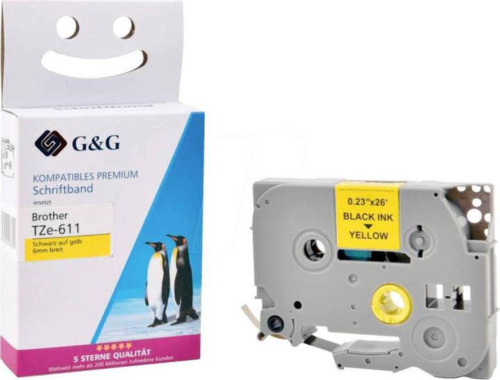 Produktbild G&G Kompatibel mit Brother TZe-611 Schriftband (6mm/8m, laminiert) Schwarz auf Gelb (0.60 cm, Gelb, Schwarz)