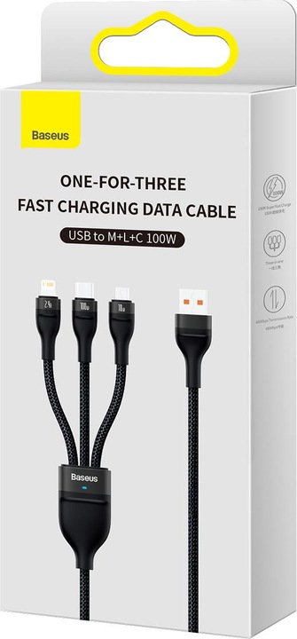 Produktbild Baseus 3in1 USB cable Flash Series, USB-C + micro USB + Lightning, 100W, 1.2m (black) (1.20 m, USB 3.2 Gen 1)
