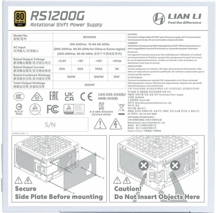 Produktbild Lian-Li RS Series 80 PLUS Gold Netzteil, ATX 3.1, modular - 1.200 Watt, mit RS Hub, weiss (1200 W)
