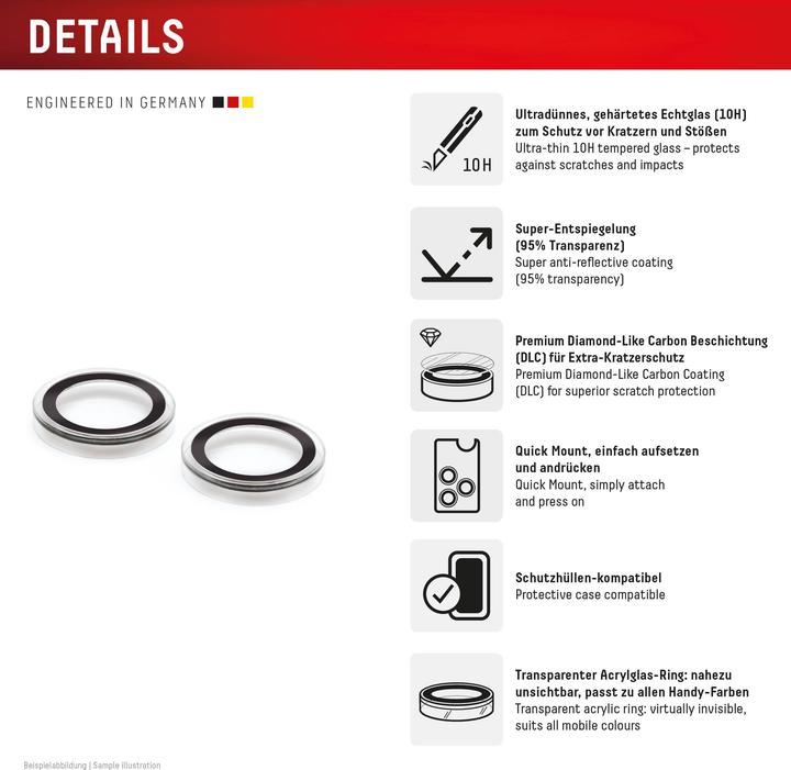 Productafbeelding Displex Premium Camera Lens Glass, Kamera Schutzglas, Einzelringe (1 Stuk, Apple iPhone 15, Apple iPhone 15 Plus)