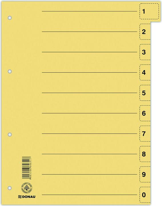 Donau Intercalaires, carton, A4, 235x300mm, 0-9, 10 perforations multiples, jaune