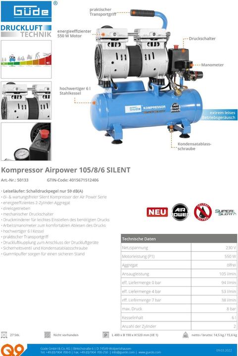 Immagine prodotto Güde Potenza aerea 105/8/6 Silent (8 bar, 6 l)