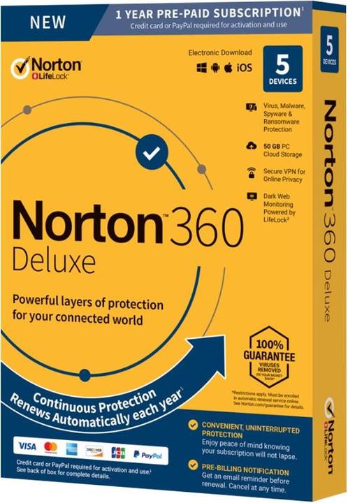 Produktbild Norton 360 DELUXE 50GB GE 1 USER 5 DEVICE 12 Months GENERIC MM (5 User, 12 Monate)