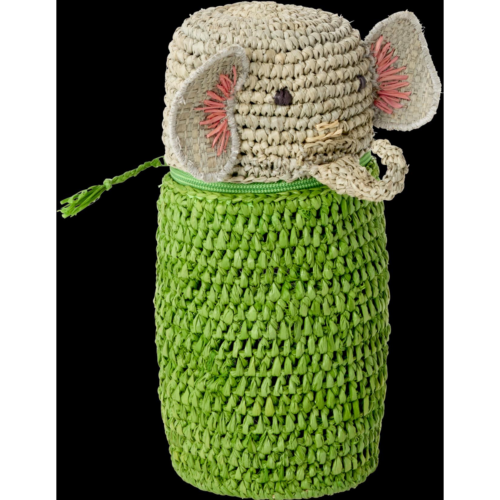 Rice, Etui, - Raffia Crocheted Pencil Case/Purse - Elephant Shape - Green