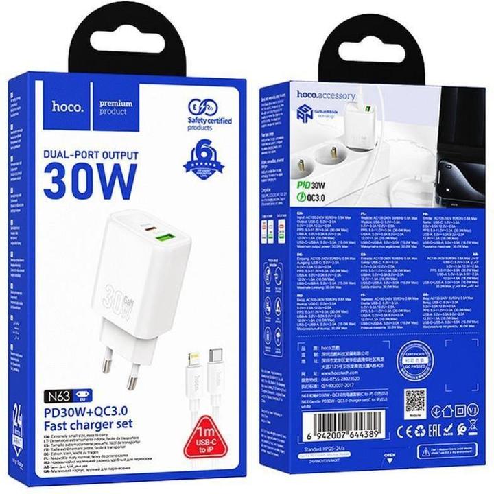 Immagine prodotto Hoco Adapter wall charger USB A + Type C + cable Type C to Lightning PD QC3.0 3A 30W N63 white (30 W, 2 porte)