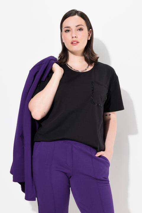 Produktbild Ulla Popken T-Shirt, Brusttasche, Perlen, Oversized, Rundhals, Halbarm (58)