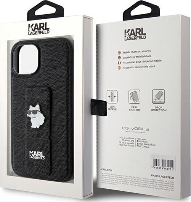 Produktbild Karl Lagerfeld KLHCP15SGSACHPK iPhone 15 6.1" czarny/black hardcase Gripstand Saffiano Choupette Pin (Apple iPhone 15)