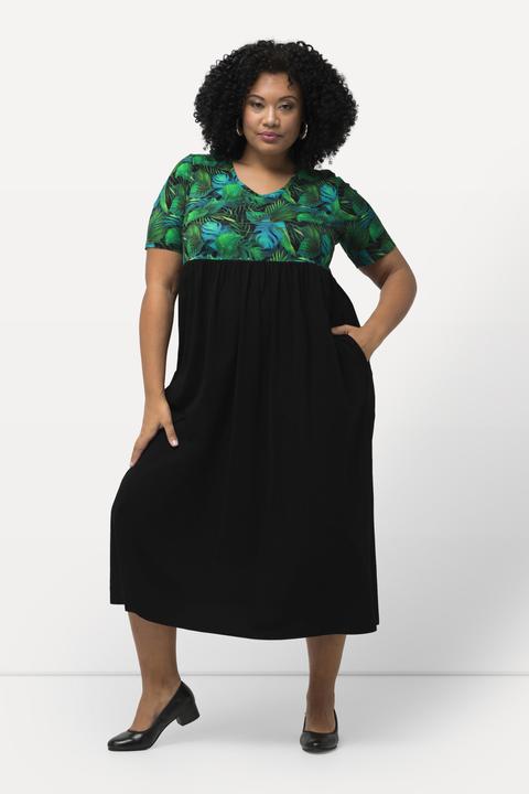 Produktbild Ulla Popken Jerseykleid, Blätter, A-Linie, V-Ausschnitt, Halbarm (54)