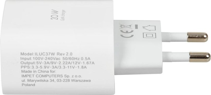Actual product image iBox C-37 USB-C PD20W WALL CHARGER USB-C TO LIGHTNING CABLE (20 W)