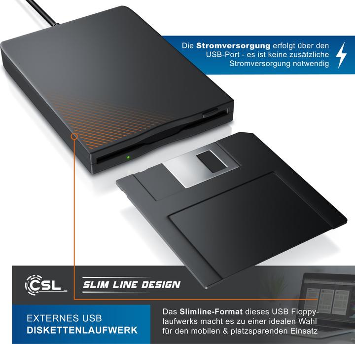 Produktbild CSL Externes Diskettenlaufwerk, Slimline USB Floppy Disk Drive Extern, FDD 1,44MB 3,5 Zoll, für PC & MAC (Floppy Disk Laufwerk)