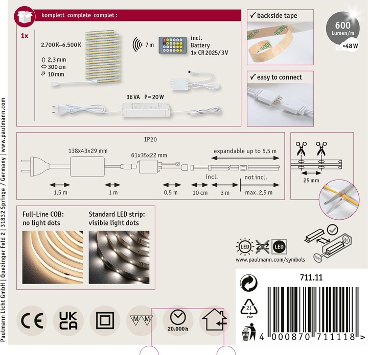 Immagine prodotto Paulmann Set di strisce COB MaxLED 500 a linea intera (Bianco, 300 cm, Interno)