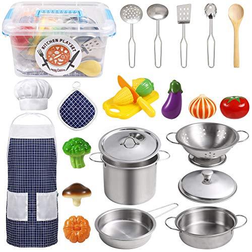 Activity Board Accessori da cucina per bambini Pentole in acciaio inossidabile Grembiule e cappello da cuoco per