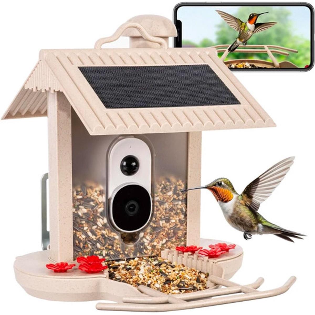 Hibirds Slimme Vogelvoeder met Camera - Vogelkijkcamera met Zonnepanelen beige (HB-F1-BEIGE), Casetta per uccelli