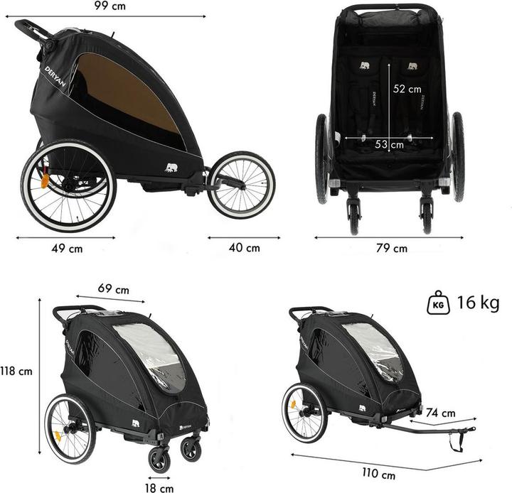Produktbild Deryan 3in1 Fahrradanhänger für 2 Kinder