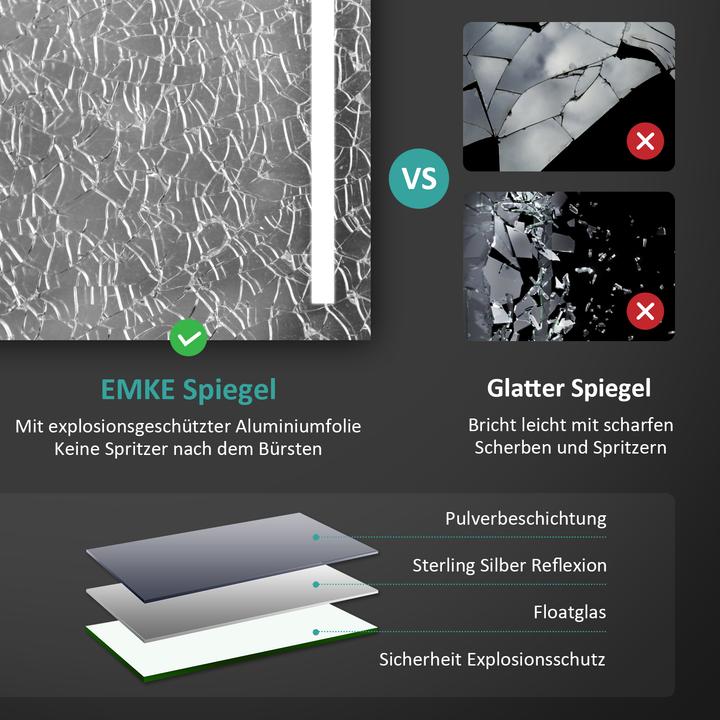 Produktbild Emke Badspiegel mit Beleuchtung 70x50 cm, Kaltweiss, Wandmontage, IP44, HD, beidseitig montierbar (70 x 50 cm)