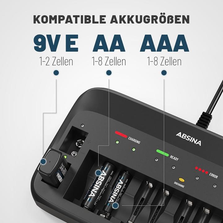 Produktbild Absina Schnellladegerät X10 (1 Stk., 9V Block, AA, AAA, Ladegerät ohne Akku)