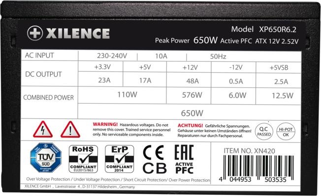 Actual product image Xilence Power Supply||Performance C+ | XP650R6.2|650 Watts|Efficiency 80 PLUS|PFC Active|XN421BULK (650 W)