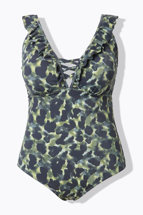 Studio Untold Maillot de bain à bonnets souples, imprimé camouflage et volants