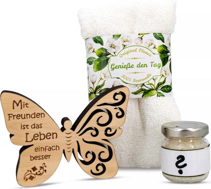 Immagine prodotto ZNatur Set regalo farfalla in legno di pino svizzero con incisione Con gli amici sali da bagno e (Set per la cura del corpo)