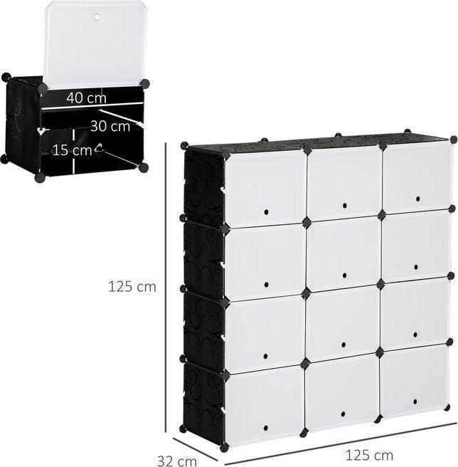 Produktbild Swisshandel24 Schuhschrank Aufbewahrungsbox mit 12 Würfeln DIY Steckregal mit Türen Kunststoff Stahl Schwarz+Weiss