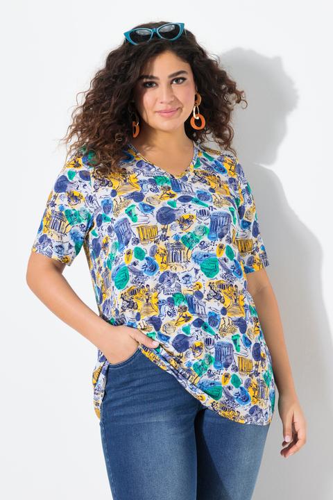 Immagine prodotto Ulla Popken T-shirt dal taglio svasato con design ispirato alle vacanze, scollo a V e mezze maniche (62)