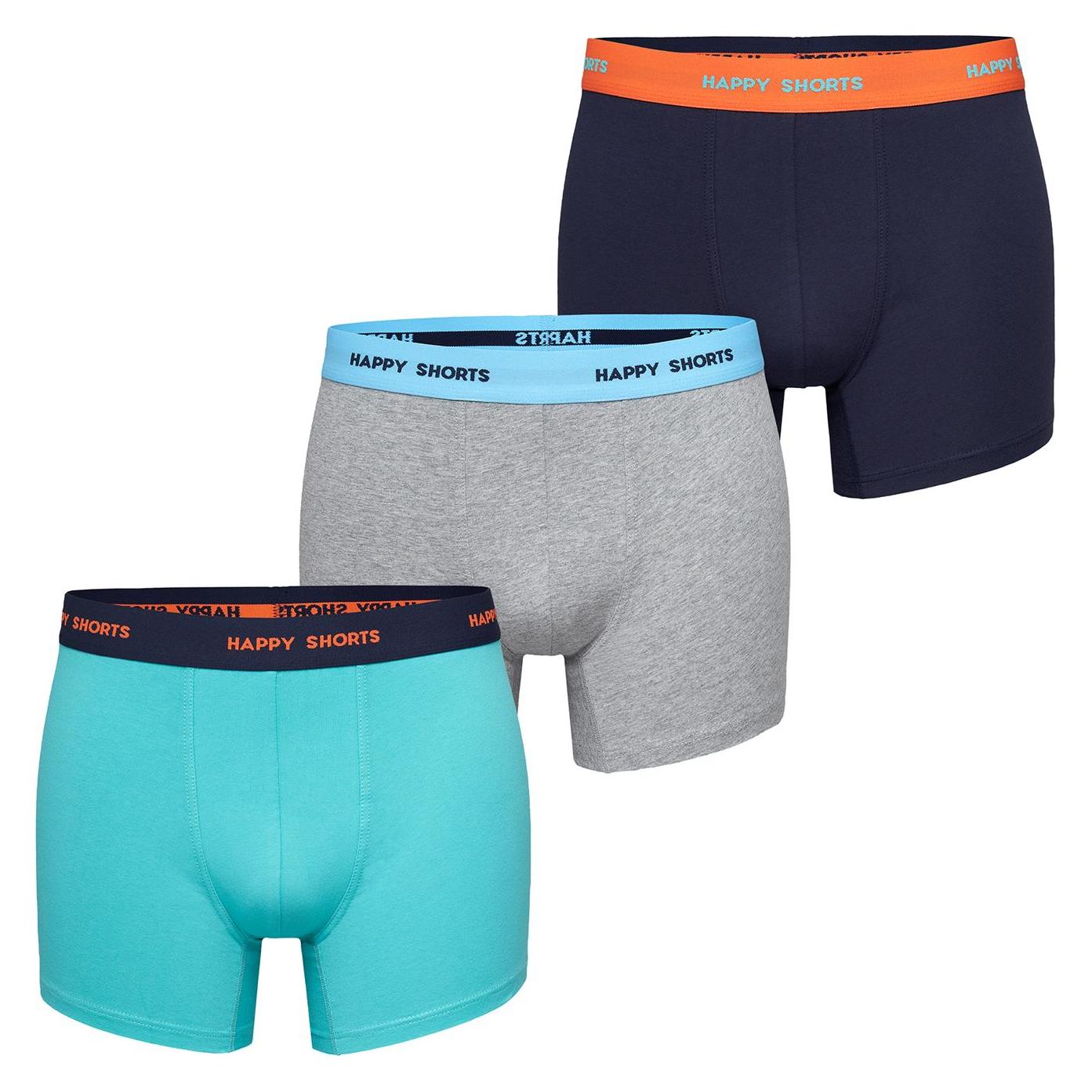 Happy Shorts, Herren, Unterhosen, Boxershort Casual Bequem Sitzend, Grau, Türkis, Orange, (M, 3er Pack)