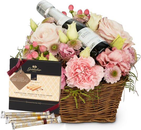 Fleurop Fée des fleurs avec prosecco Albino Armani DOC (20 cl) avec gaufrettes Gottlieber Hüppen et étiquett (Arrangement floral)