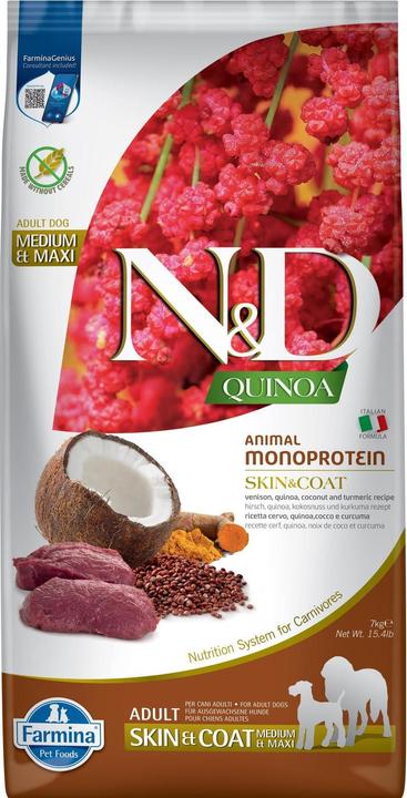 Farmina N&D Quinoa Dog Skin&Coat Venison&Coconut Adult Medium&Maxi - Trockenfutter für Hunde - 7 kg (Adult, 1 Stk., 7000 g)