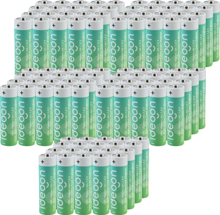 Ideoon 100er-Pack Super Alkaline Batterien AA / LR06 (Mignon), 1,5 Volt (100 Stk., AA, 2800 mAh)