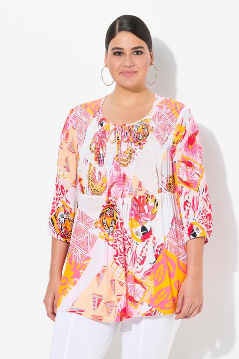 Produktbild Ulla Popken Smok-Bluse, Patchdruck, A-Linie, Rundhals, 3/4-Arm (54)