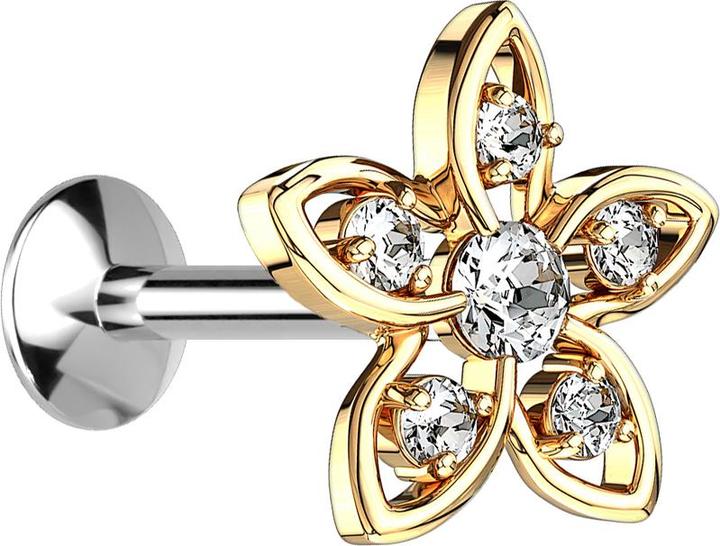 Immagine prodotto Star Piercing Micro UFO Labret filo femmina placcato oro con fiore e cristallo argento (Ottone, Acciaio chirurgico 316L)