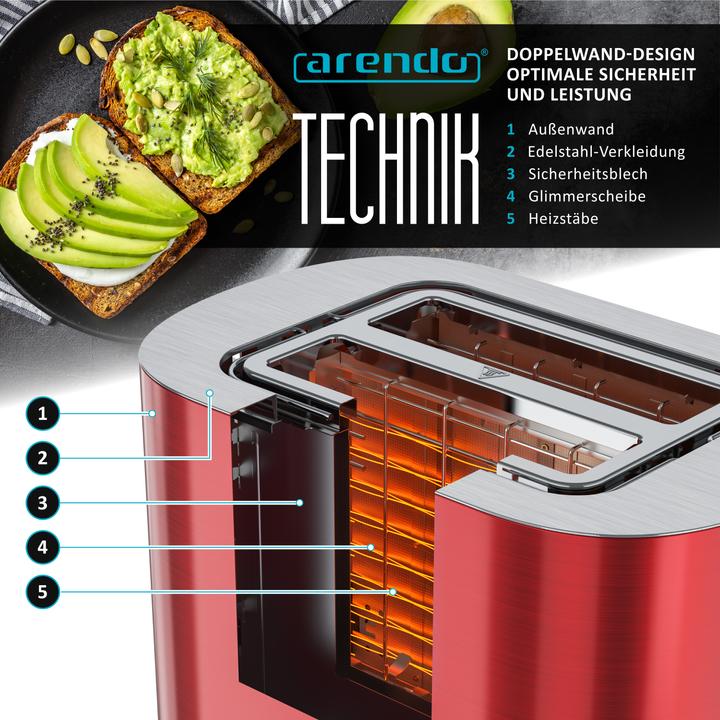Produktbild Arendo Toaster Edelstahl 2 Scheiben Kurzschlitz, Bräunungsgrad & Restzeitanzeige, Touch Display, 800 W