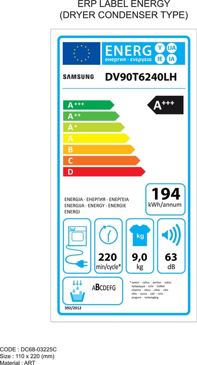 Energy Label Samsung DV90T6240LH/S5 DV6000 (9 kg, Right)