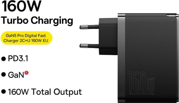 Produktbild Baseus Wall charger GaN5 Pro 2xUSB-C + USB, 160W (black) (160 W, 3 Ports)
