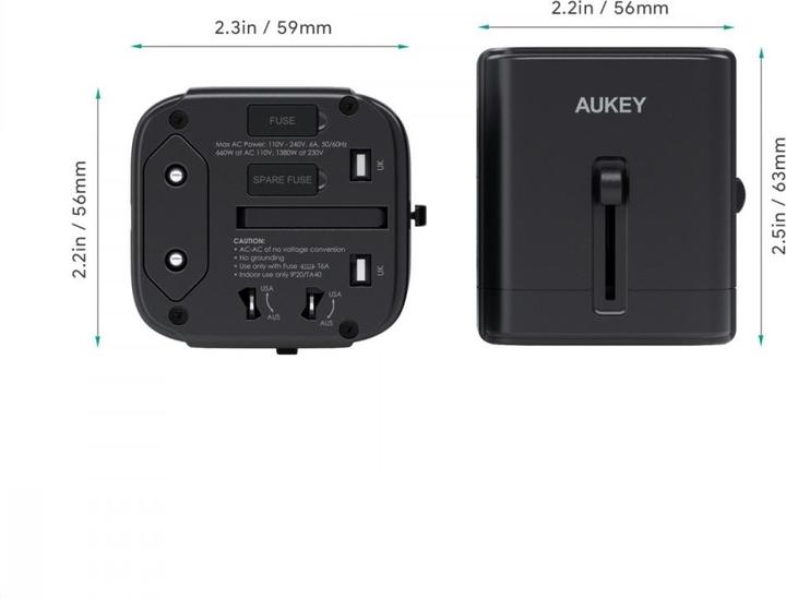 Actual product image Aukey PA-TA01 White Universal Travel Adapter with 1xUSB-C and 2x