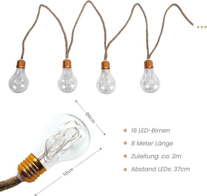 Image du produit Hermex LED-Hanfseil-Lichterkette Solar-Leuchtkette Gartenbeleuchtung Lampe (8 m)