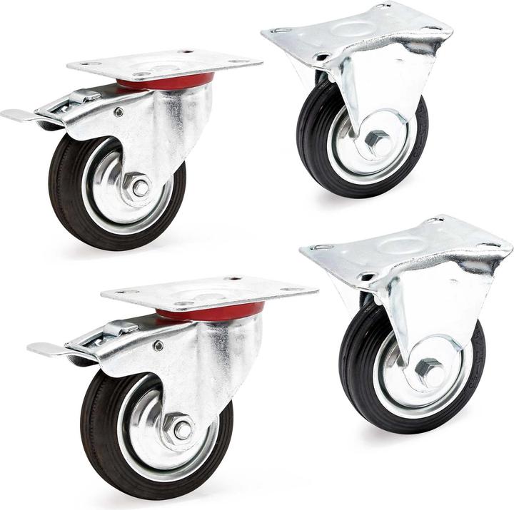 Produktbild Wiltec Transportrolle Set 2x Doppelstopp-Lenkrolle 2x Bockrolle Vollgummirad 75mm 50kg