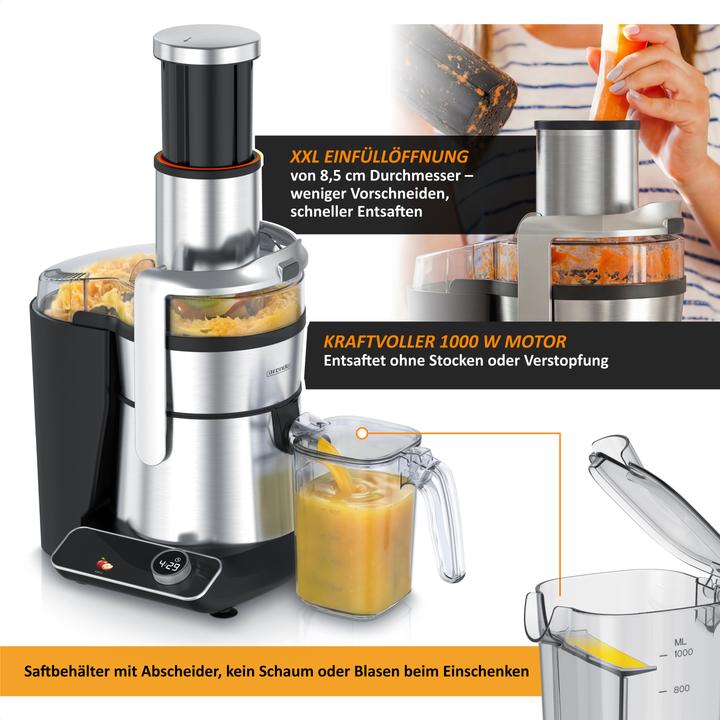 Actual product image Arendo Zentrifugalentsafter, Edelstahl, BPA Frei, 1000W, XXL-Einfüllschacht, Programme, Display, Tropfstopp