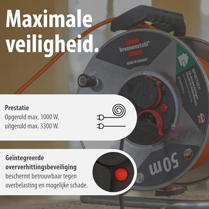 Image du produit Brennenstuhl Enrouleur de câble extérieur avec protection contre la surchauffe et prises étanches (50 m)