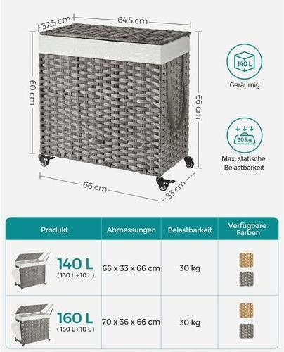 Actual product image Songmics Wäschekorb auf Rollen 140 l, Grau, Detailfarbe: Grau (140 l)