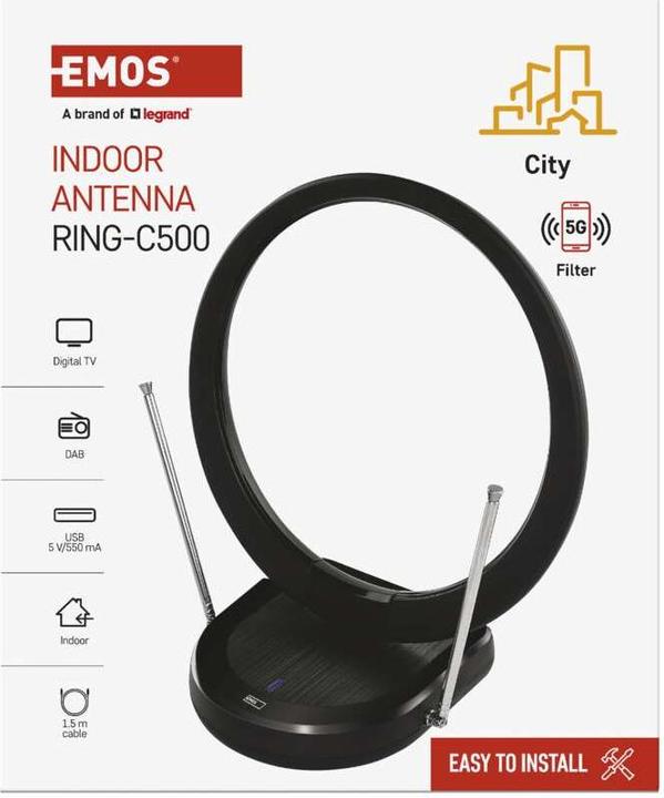 Immagine prodotto Emos Antenna da interno CITY RING-C500, DVB-T2, DAB, LTE/4G/5G Filtro (Antenna interna, DVB-T / -T2)