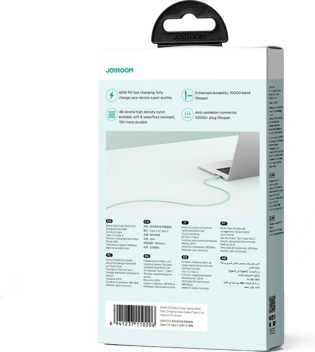 Produktbild Joyroom Multi-Color Series SA34-CC3 USB-C/USB-C-Kabel 60 W, schnelle Übertragung, 1 m – Grün (1 m, 60 W)