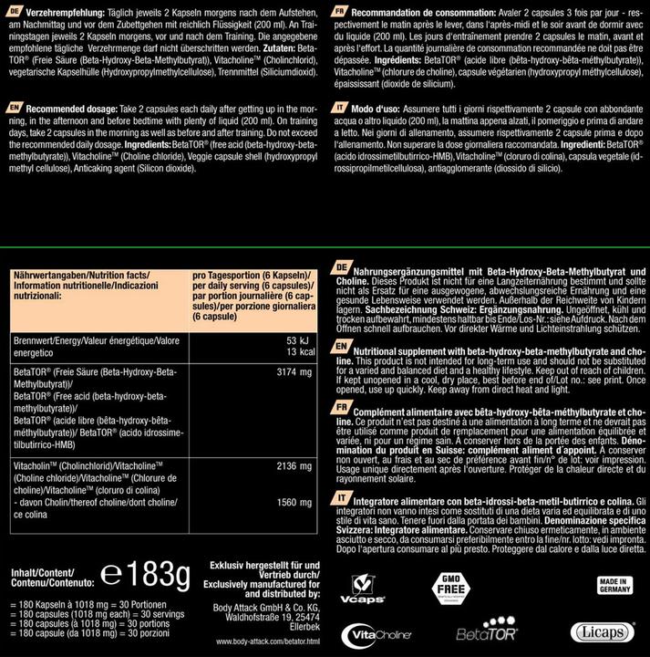Nährwerte und Zutaten Body Attack BETATOR (180 Caps) (180 Stück, Kapseln, 183 g)