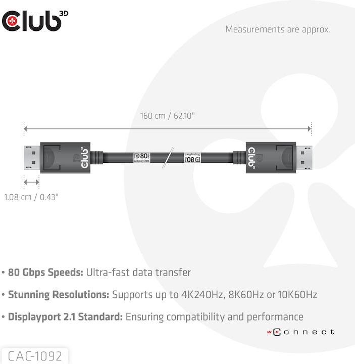 Productafbeelding Club 3D Club3D DisplayPort kabel 2.1 DP80 1,6m 10K/8K/4K St/St retail (1.60 m, DisplayPort)