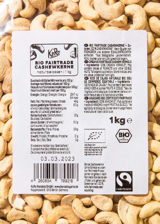 Valeurs nutritives et ingrédients KoRo Noix de cajou (1000 g, 1 pcs)