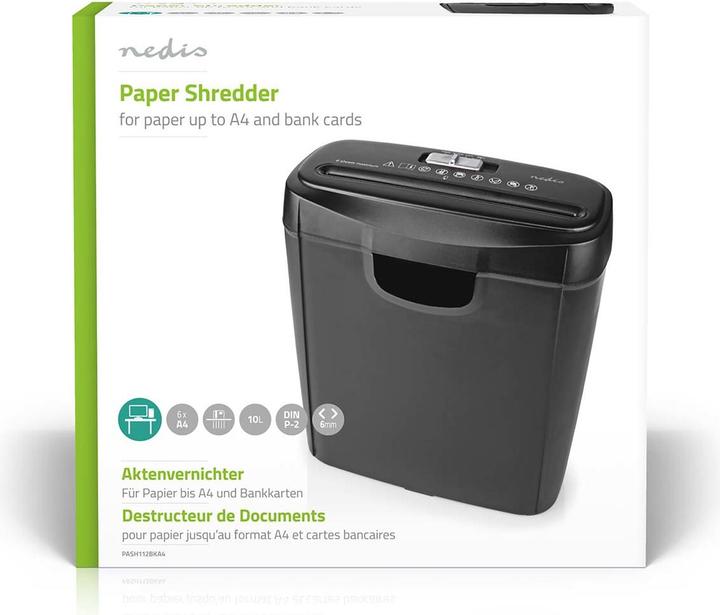 Image du produit Nedis Destructeur de documents | 6x pages A4 | 10 l | Norme de sécurité : DIN 2 | 190 W | Noir (Coupe droite)