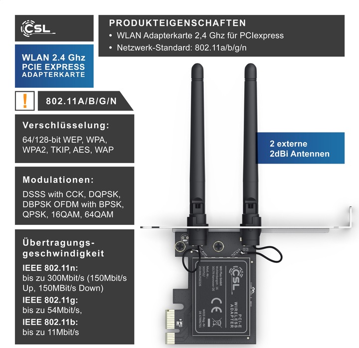Produktbild CSL WLAN Netzwerkkarte 2,4 Ghz PCIe, 300 Mbit/s WiFi Adapter Karte mit 2x Externen Antennen (Mini PCI Express)