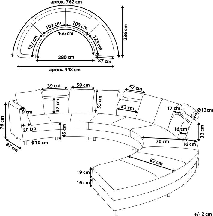 Produktbild Beliani Bett weisses Leder, 7 rund, hellgrau, modular ROTUNDE