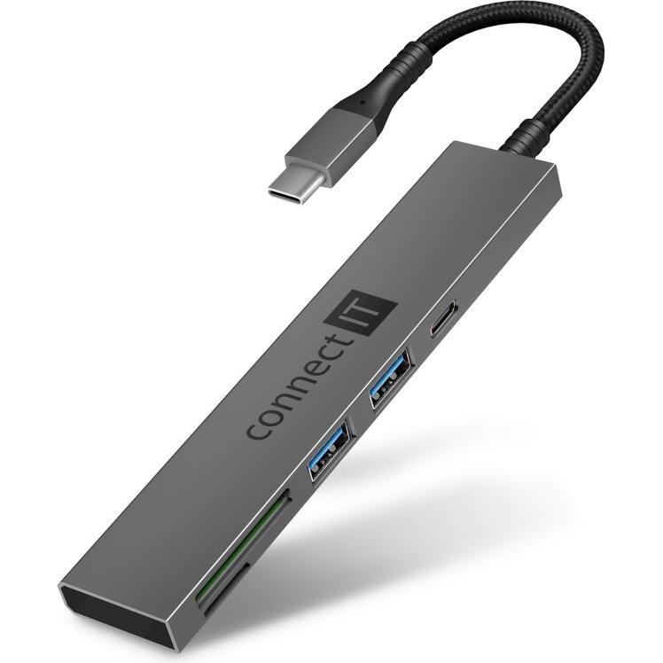 Connect IT CompactPRO grigio / Lettore di schede SD / 2x USB-A 3.0 / 1x USB-C (USB-C), Docking station + Hub USB, Grigio