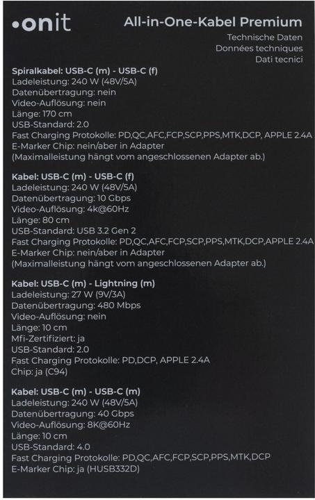 Produktbild Onit USB-Kabel All-in-One Premium 240 W, 2.6 m (2.60 m, USB 3.2 Gen 2, 240 W)